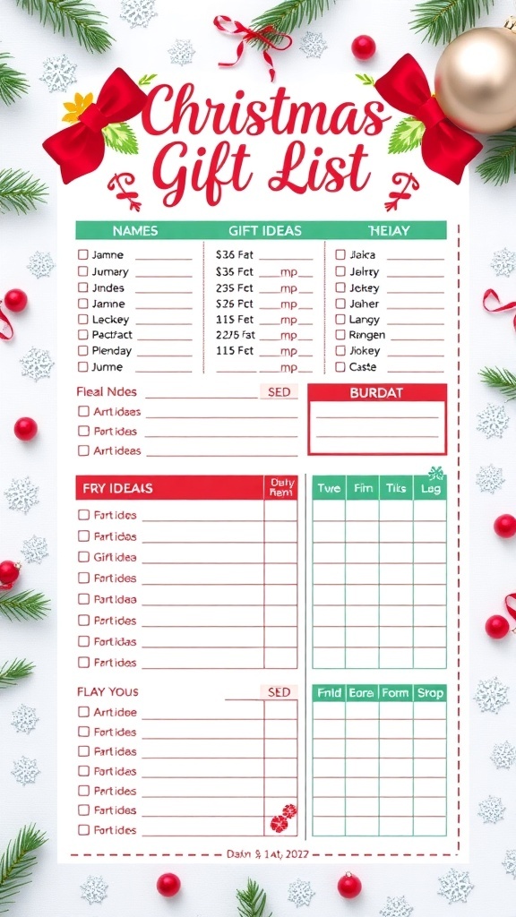 A colorful Christmas gift list template with sections for names, gift ideas, and budgets, decorated with holiday graphics.